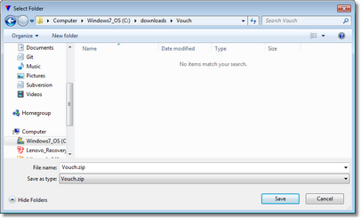 "Save File" dialog will be presented to navigate to safe folder where Vouch.zip will be copied.