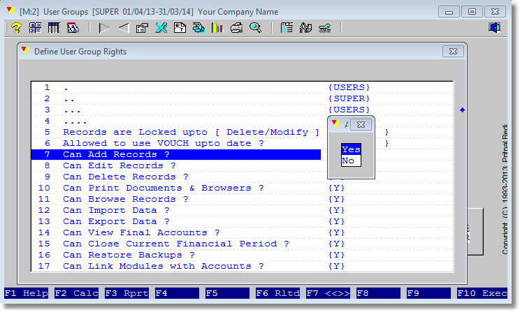 If it will be list of choices, selection cursor will stay at current value, if we are modifying, or on default value, if we are adding a new Group. Navigate to your choice and press <Enter>. Scroll to another option and repeat the same process.