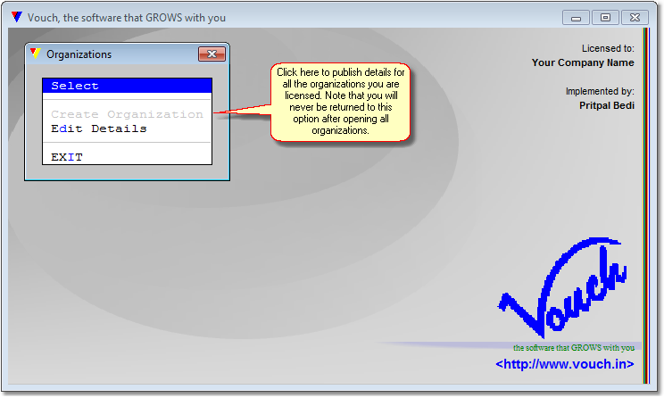 The first screen presented after executing Vouch.